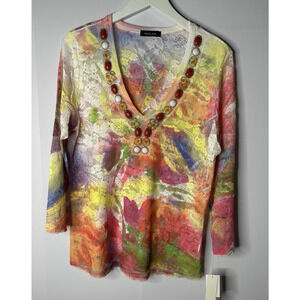 DAVID CLINE Top Womens Sz L Lace Mesh Beaded Jeweled V-Neck Art to Wear Boho NEW